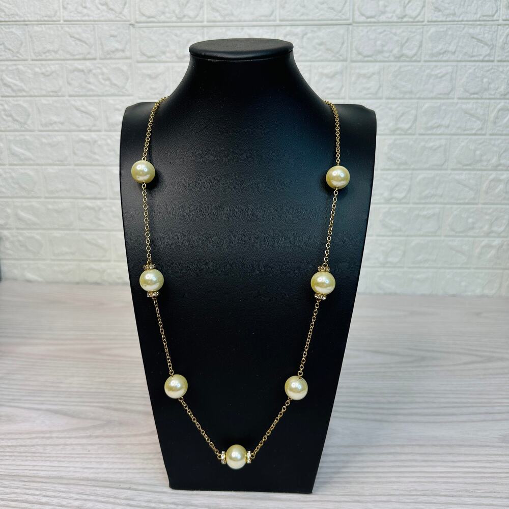 J.Crew Fashion Necklace Gold Tone White Faux Pearl Rhinestone Spring Ring Clasp
